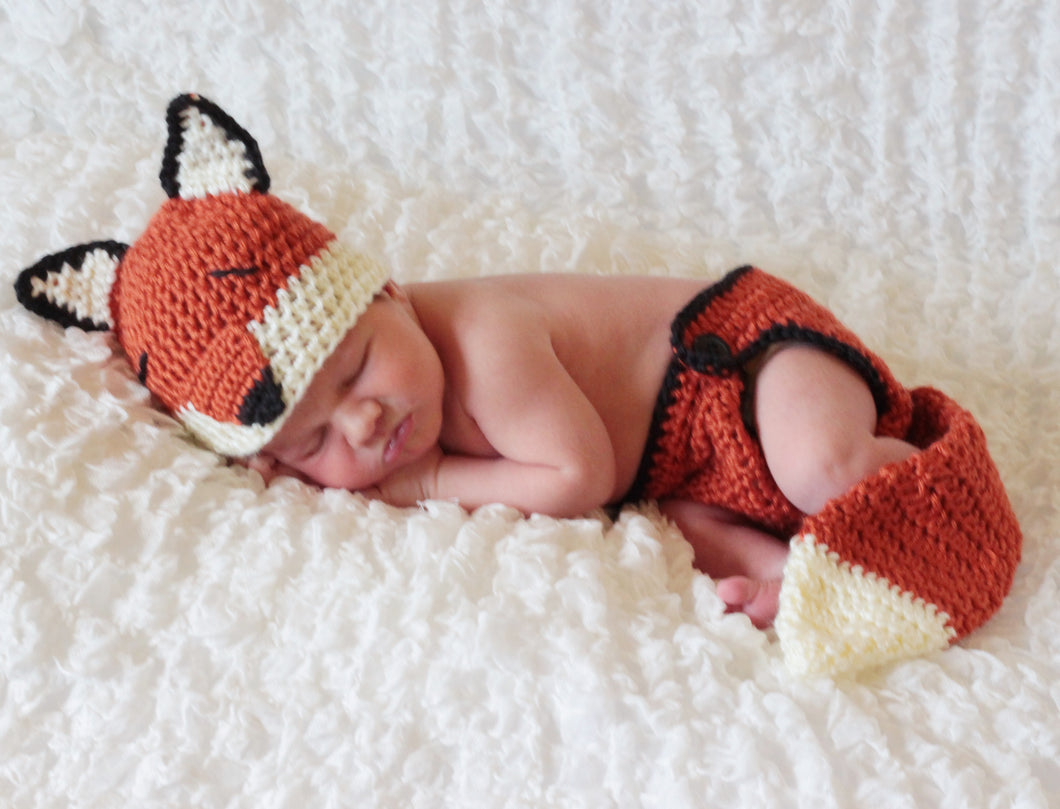 Crochet Fox - Diaper Cover and Hat - Photo prop - Made to Order