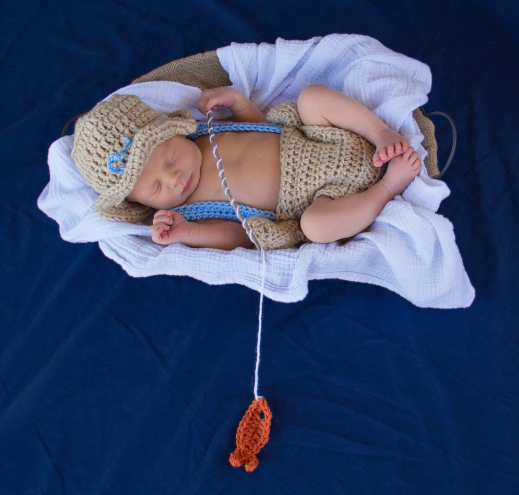 Crochet Out Fishing Outfit - Diaper Cover, Hat, and Fish – Blue